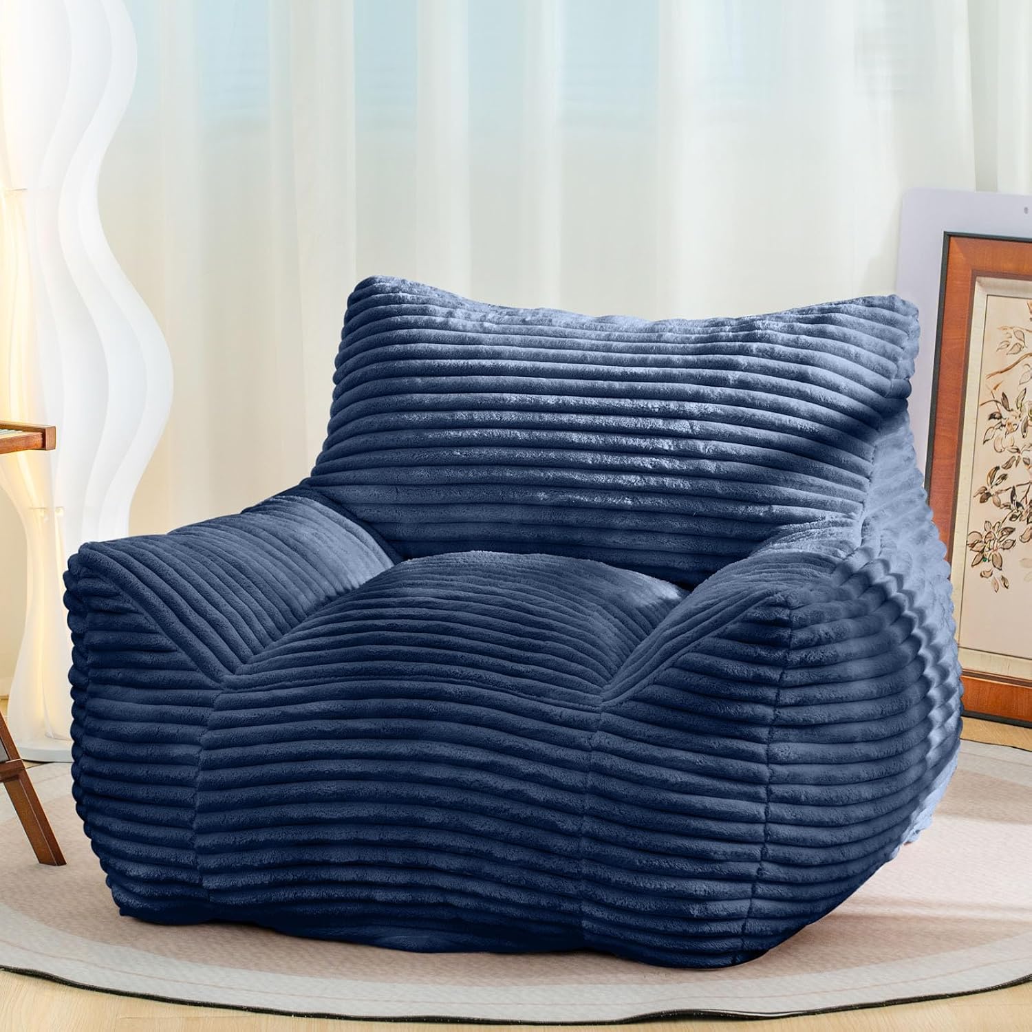 Bean Bag Chair for Adults, Comfy Corduroy Beanbag with Armrests, Lazy Sofa Floor Chair for Living Room, Bedroom, Dorm & Lounge, Cozy Fluffy Single Mini Couch (Blue)