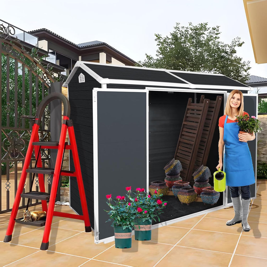 KUIKUI Outdoor Shed with Floor Included, Plastic Storage Sheds with Floor, 4x8 shed with 2 Windows and Lockable Door for Garden Tools, Carbon Black