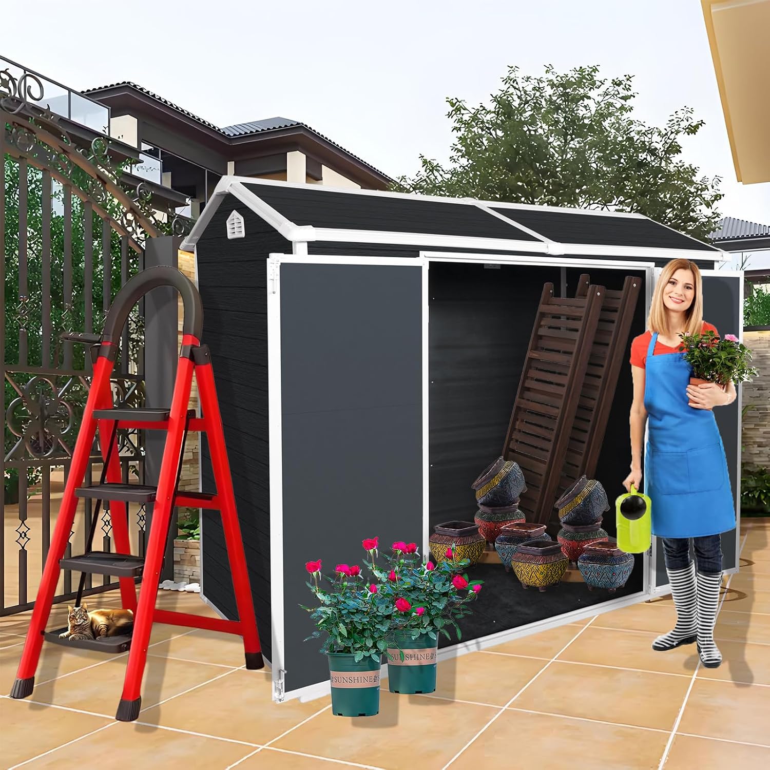KUIKUI Outdoor Shed with Floor Included, Plastic Storage Sheds with Floor, 4x8 shed with 2 Windows and Lockable Door for Garden Tools, Carbon Black