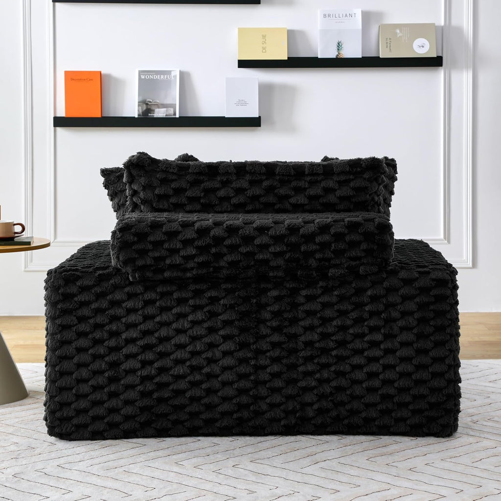 51 Inch Lounge Sofa, Boneless Cloud Couch for Living Room Bedroom, Comfy Reading Chair for Adults, Soft Textured Sleeper Chair with 2 Pillows, Frameless Floor Seating (Black)