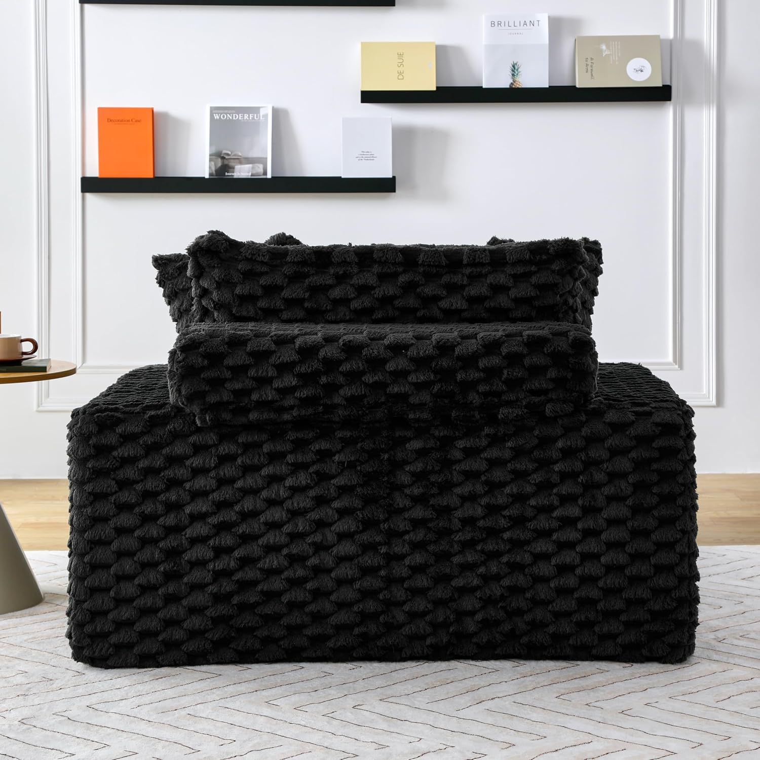 51 Inch Lounge Sofa, Boneless Cloud Couch for Living Room Bedroom, Comfy Reading Chair for Adults, Soft Textured Sleeper Chair with 2 Pillows, Frameless Floor Seating (Black)