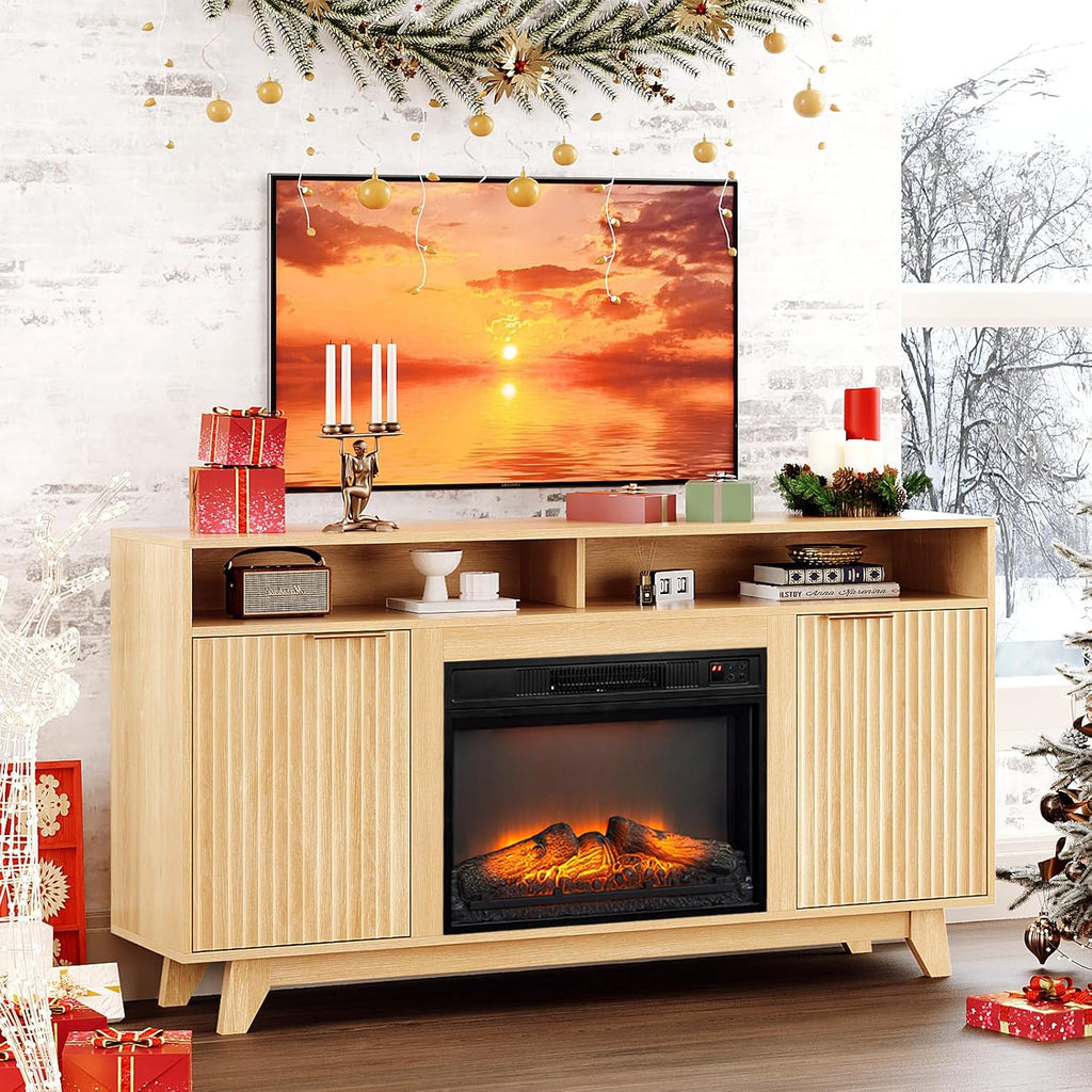 VINGLI Fluted Fireplace TV Stand for up to 70 inch TVs, Entertainment Center with Electric Fireplace Heater & Adjustable Shelves ＆ Open Cabinet, Fireplace Media Console Table for Living Room, Oak