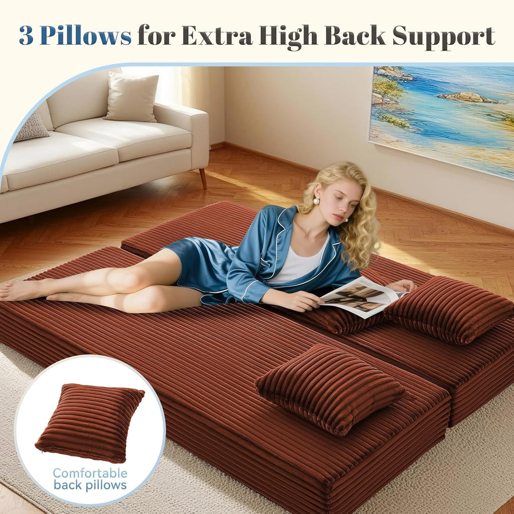Convertible Sofa Bed,5-in-1FoldIing Couch Bed with Removable Armrests,Modular Futon Sleeper Sofa in Box with Pull Out Beds,Compression Boneless Couch for Living Room,Orange