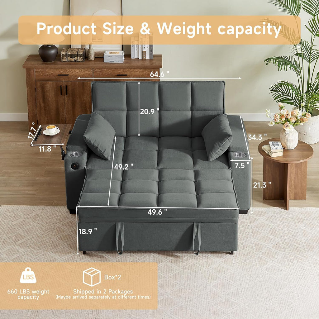 hansones 66' Multi-Functional Pull-Out Sofa Bed with Hidden Side Table, Storage Armrests, Built-in Charging Port, Spring Mattress, Solid Wood Frame – Ideal for Small Spaces, Easy Assembly