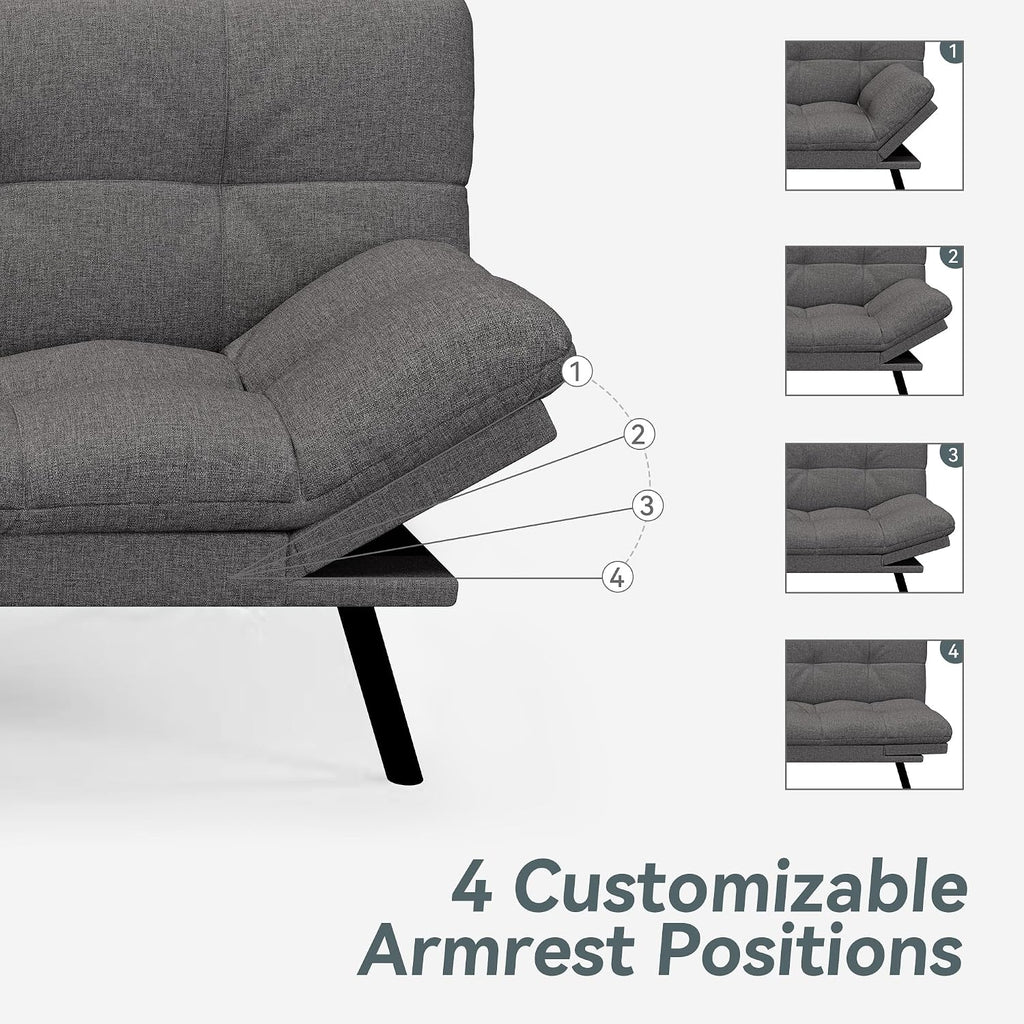 Vyfipt Convertible Futon Sofa Bed, Grey Linen Futon Couch with Adjustable Backrest & Armrests, Folding Small Recliner Sleeper Sofa Bed for Living Room, Apartment, Office