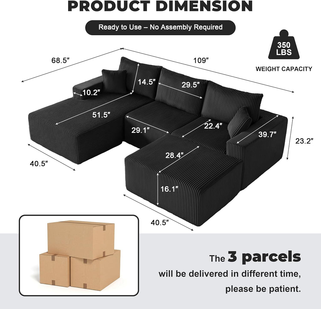 Weture 108' Modular Sectional Couches, Modern Modular U-Shape Sofa with Chaise, Cloud Sectional Couch with Deep Seat, Upholstered Boneless Sofa for Living Room (Corduroy, Black)