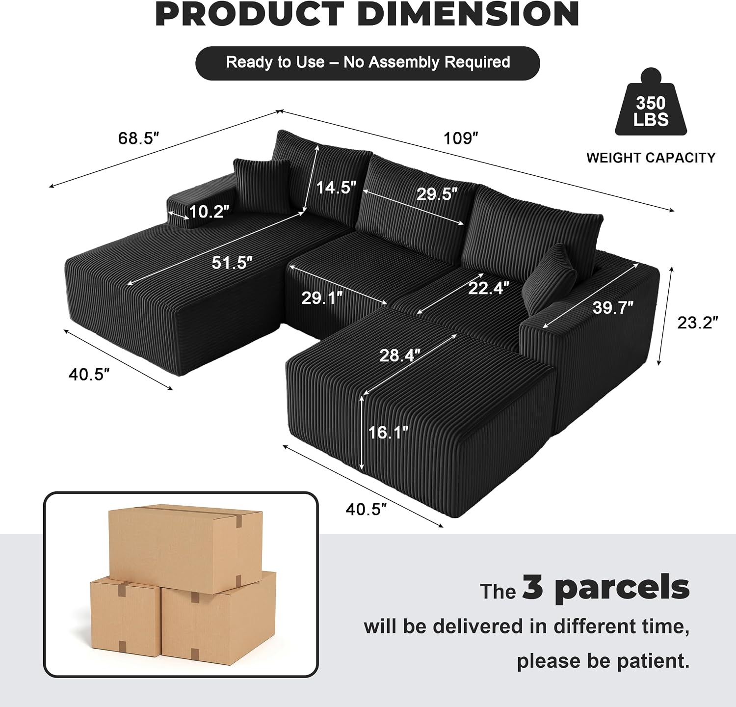 Weture 108' Modular Sectional Couches, Modern Modular U-Shape Sofa with Chaise, Cloud Sectional Couch with Deep Seat, Upholstered Boneless Sofa for Living Room (Corduroy, Black)
