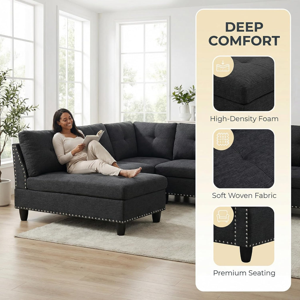3-Piece L-Shaped Modular Sofa – Convertible Sectional Couch with Movable Chaise & Storage Ottoman, Multi-Scene Use for Living Room, Apartment & Office, Black Grey
