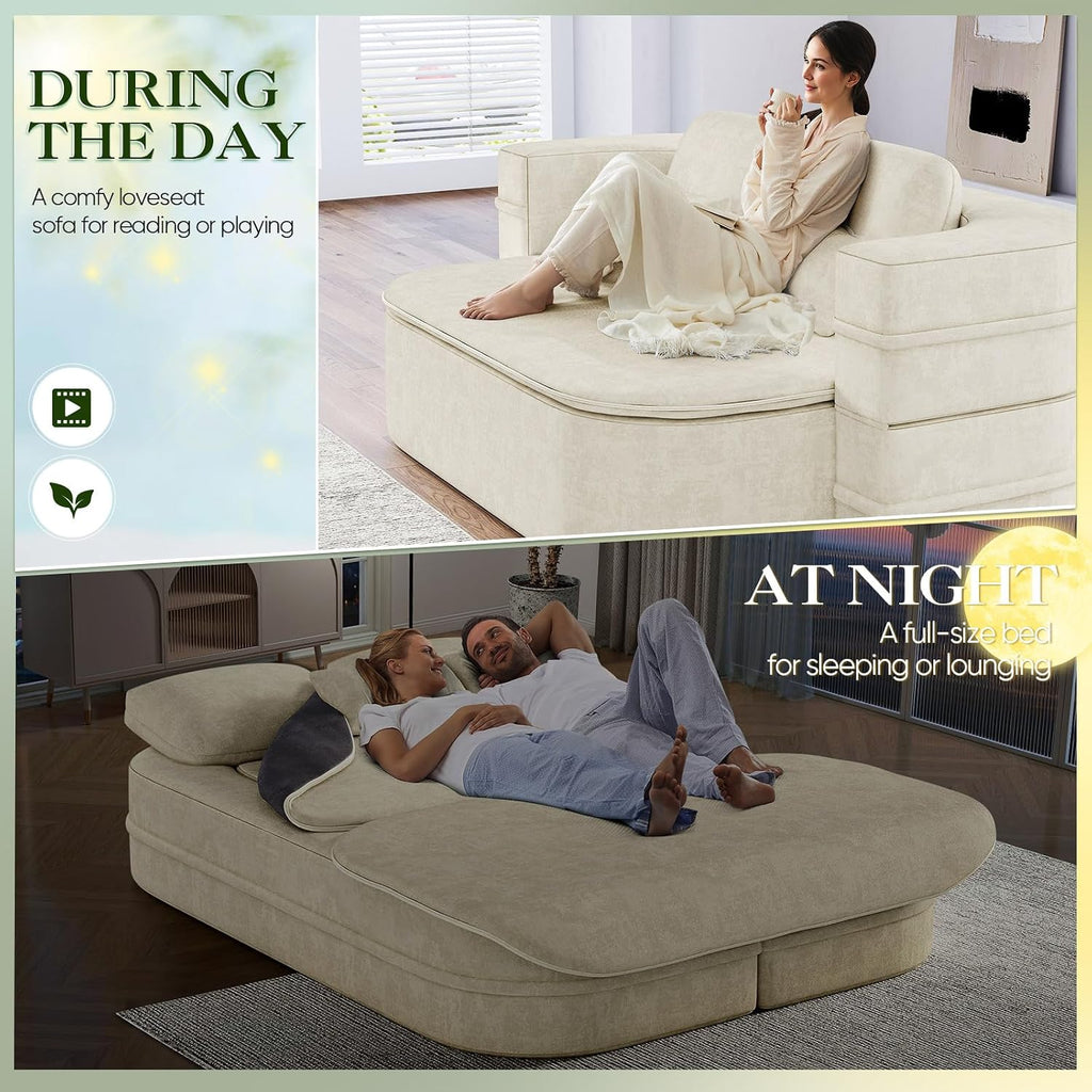 Antetek Convertible Sleeper Sofa, Modern Folding Futon Chenille Floor Foam Compression Loveseat Sofa Bed Couch, Foldable Full-Size Guest Bed with 4 Pillows for Living Room Bedroom Apartment, Beige