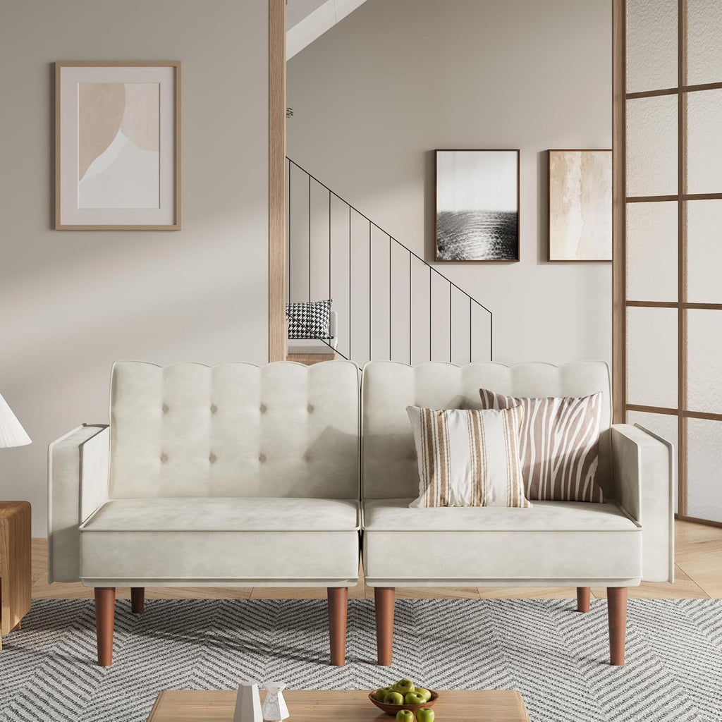 Furnify 71' Velvet Futon Sofa Bed, Versatile Loveseat Couch, Sleeper Sofa with Adjustable Backrest, Mid Century Modern Futon Couch for Small Space, Living Room, Office & Apartment, Velvet Fabric Beige
