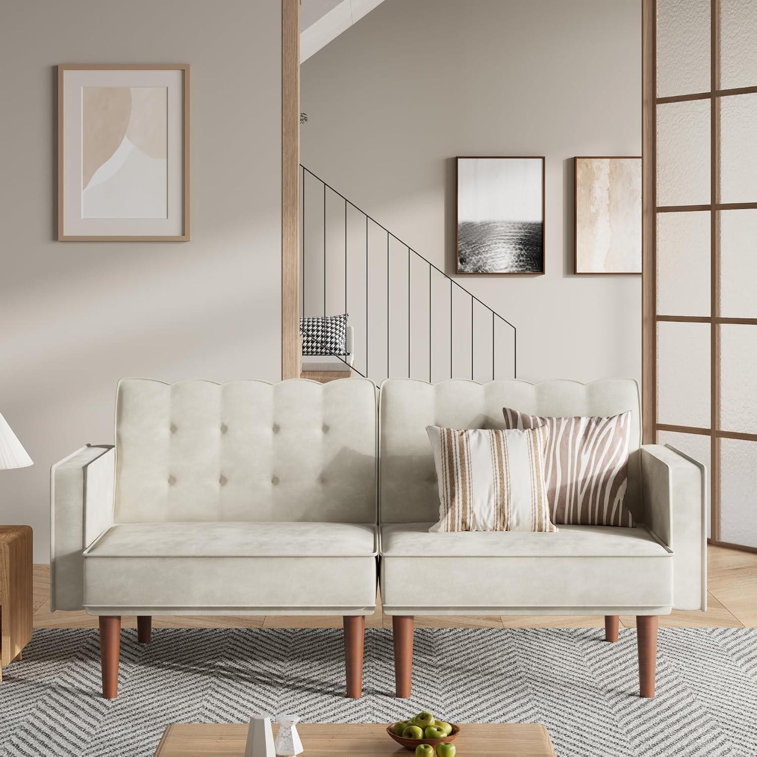Furnify 71' Velvet Futon Sofa Bed, Versatile Loveseat Couch, Sleeper Sofa with Adjustable Backrest, Mid Century Modern Futon Couch for Small Space, Living Room, Office & Apartment, Velvet Fabric Beige