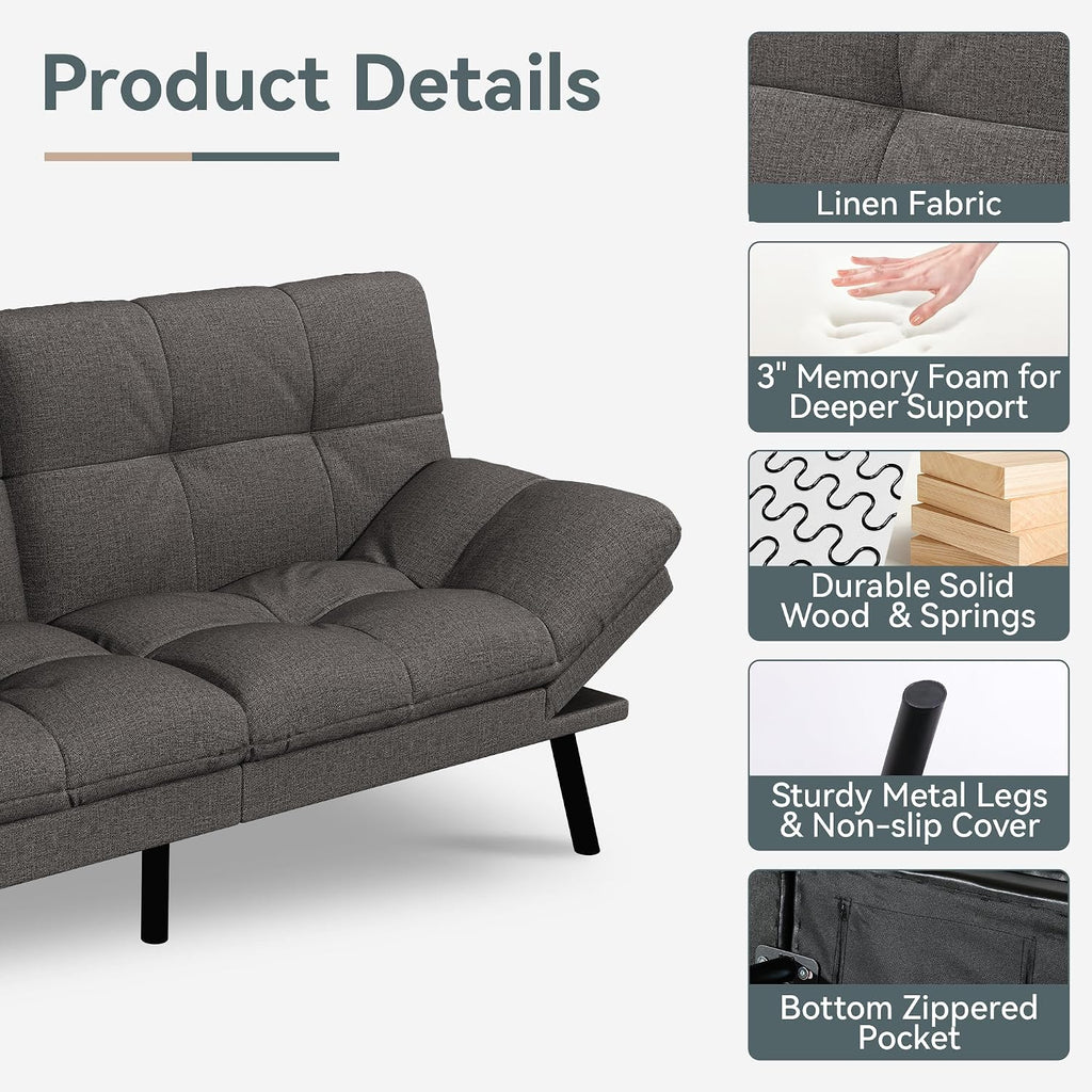 Vyfipt Convertible Futon Sofa Bed, Grey Linen Futon Couch with Adjustable Backrest & Armrests, Folding Small Recliner Sleeper Sofa Bed for Living Room, Apartment, Office
