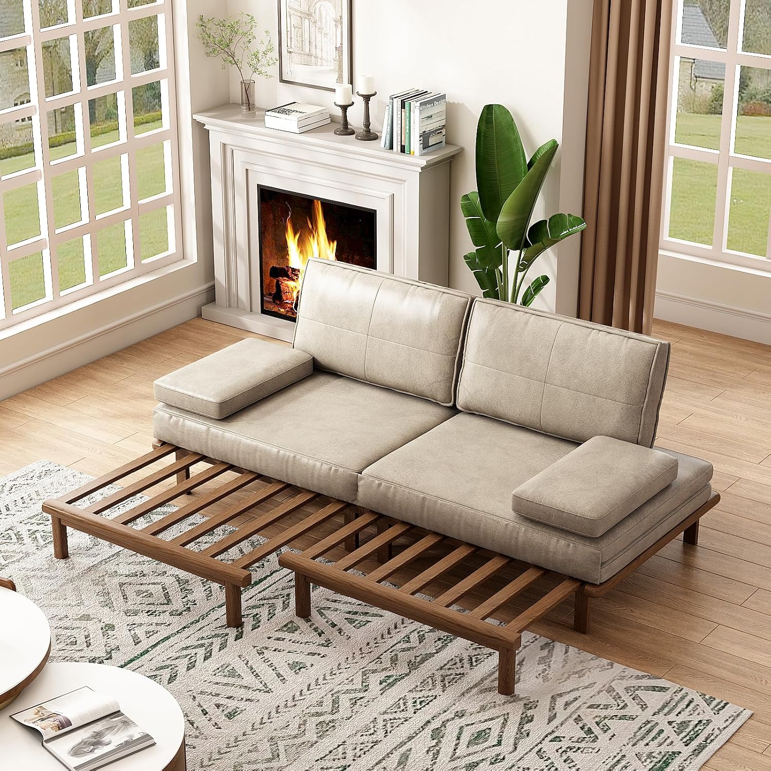 Lartis 78.7' Sofa Bed, Sleeper Pull Out Couch, Modern Couch Convertible Modern Futon for Living Room/Apartment/Bedroom, Modular Design Sofa,Full Solid Wood Frame（Beige,Tech Cloth）