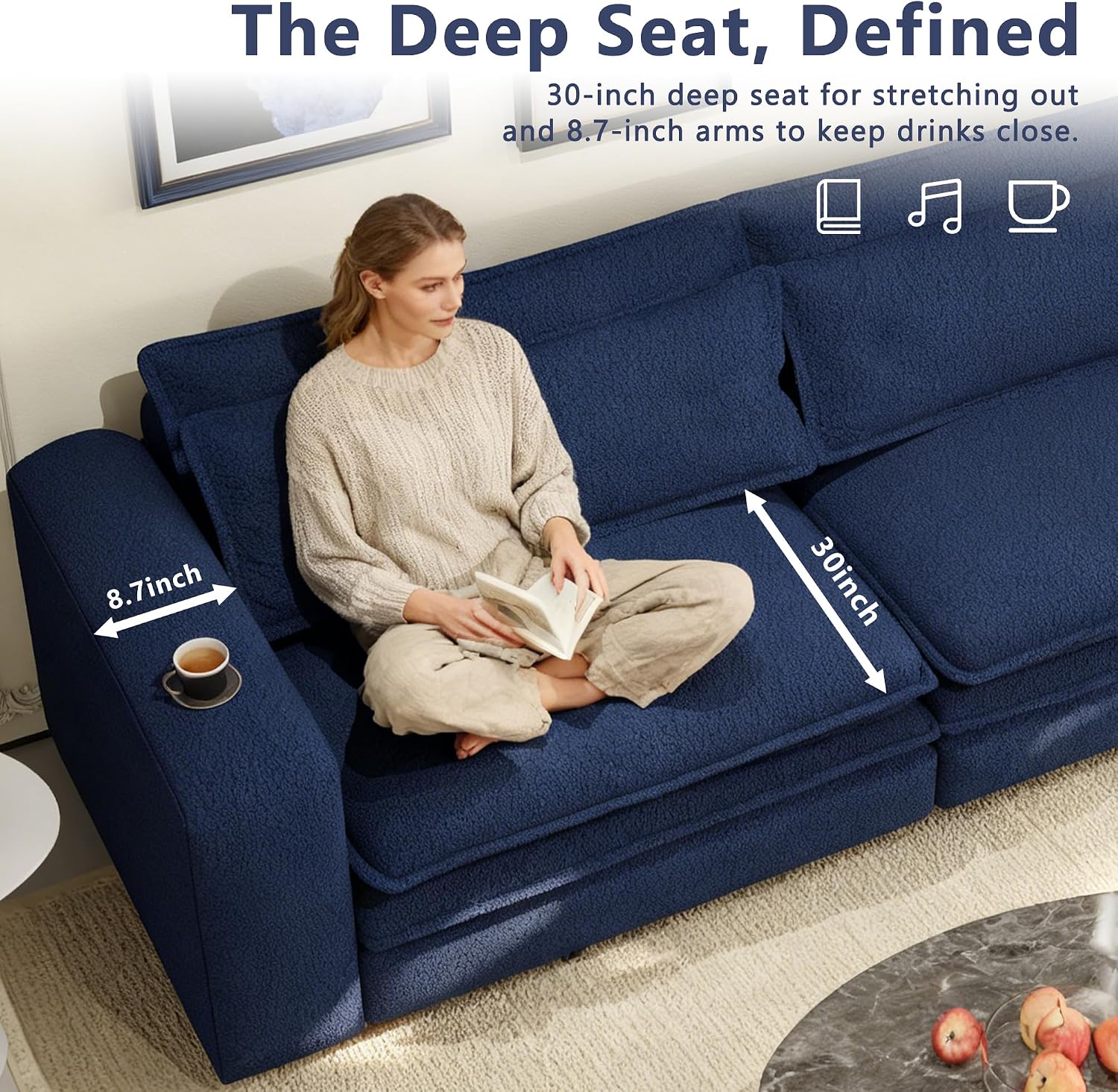 93' King Pull Out Sofa Bed, Teddy Sleeper Sofa Couch, Modern Wide Armrest, 3 in 1 Convertible Futon Couches for Living Room, Small Space, Apartment, Office, Bedroom, Blue