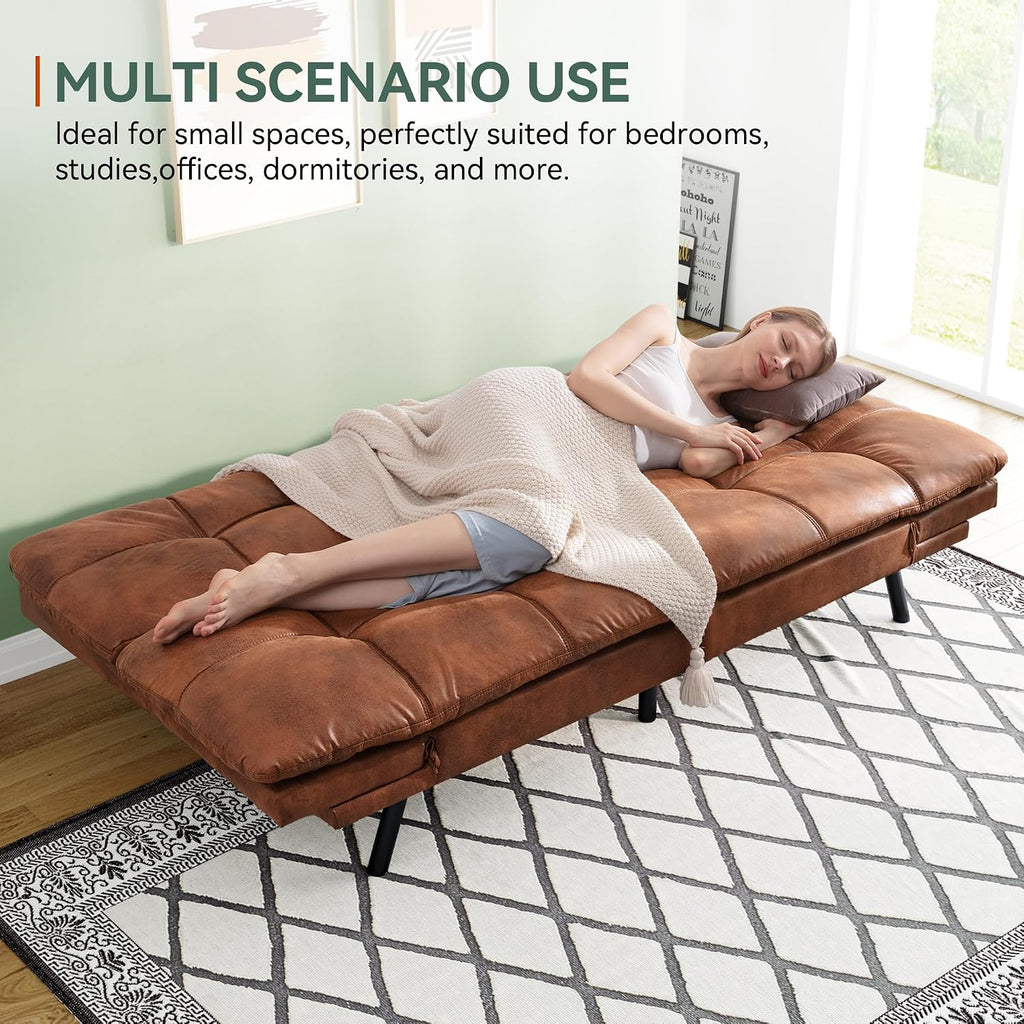 Opoiar 71' L Covertible Futon Sofa Bed,Faux Leather Futon Couch, Memory Foam Modern Loveseat Sleeper, Small Splitback Sofa Couches for Living Room,RV,Home Office,Apartment,Brown