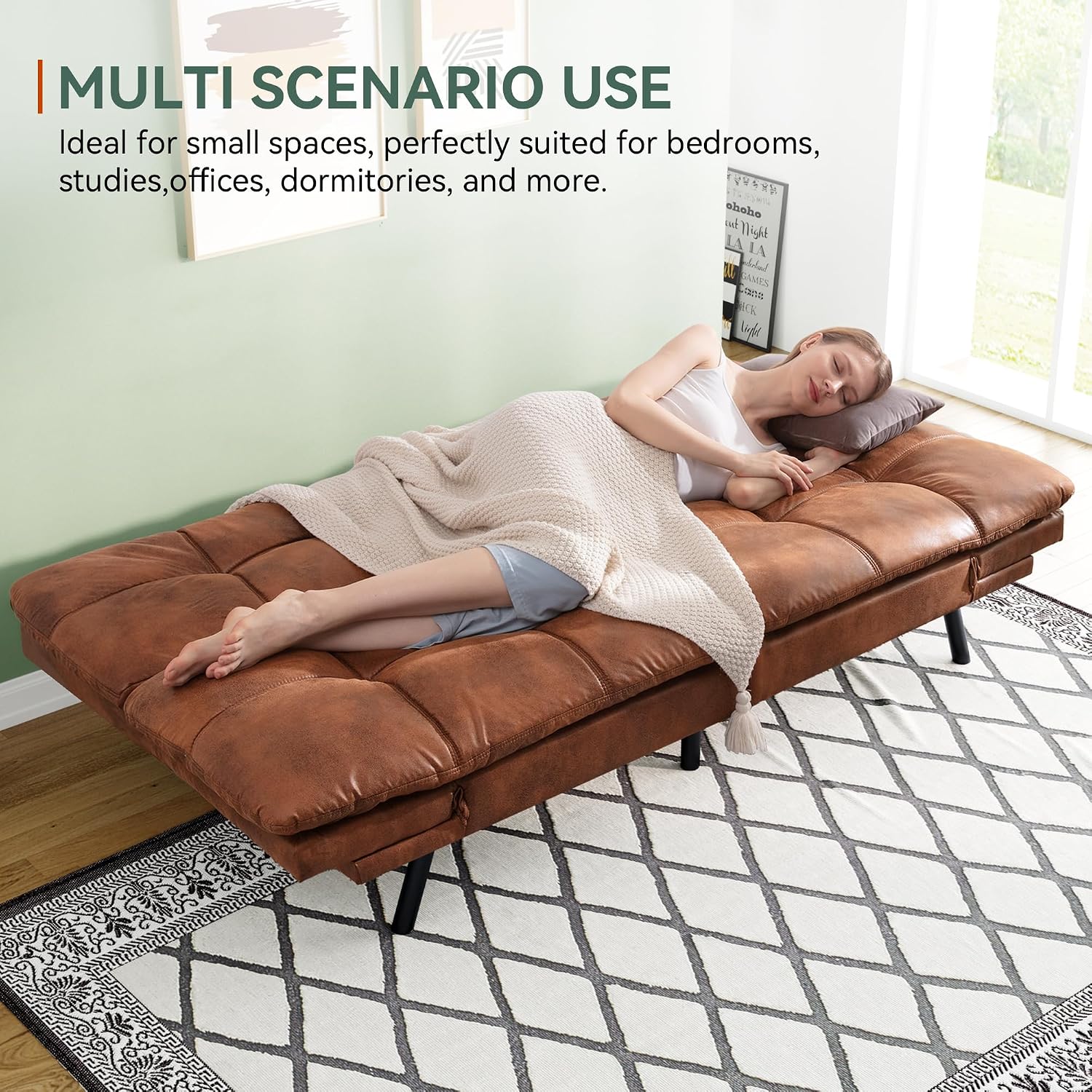 Opoiar 71' L Covertible Futon Sofa Bed,Faux Leather Futon Couch, Memory Foam Modern Loveseat Sleeper, Small Splitback Sofa Couches for Living Room,RV,Home Office,Apartment,Brown