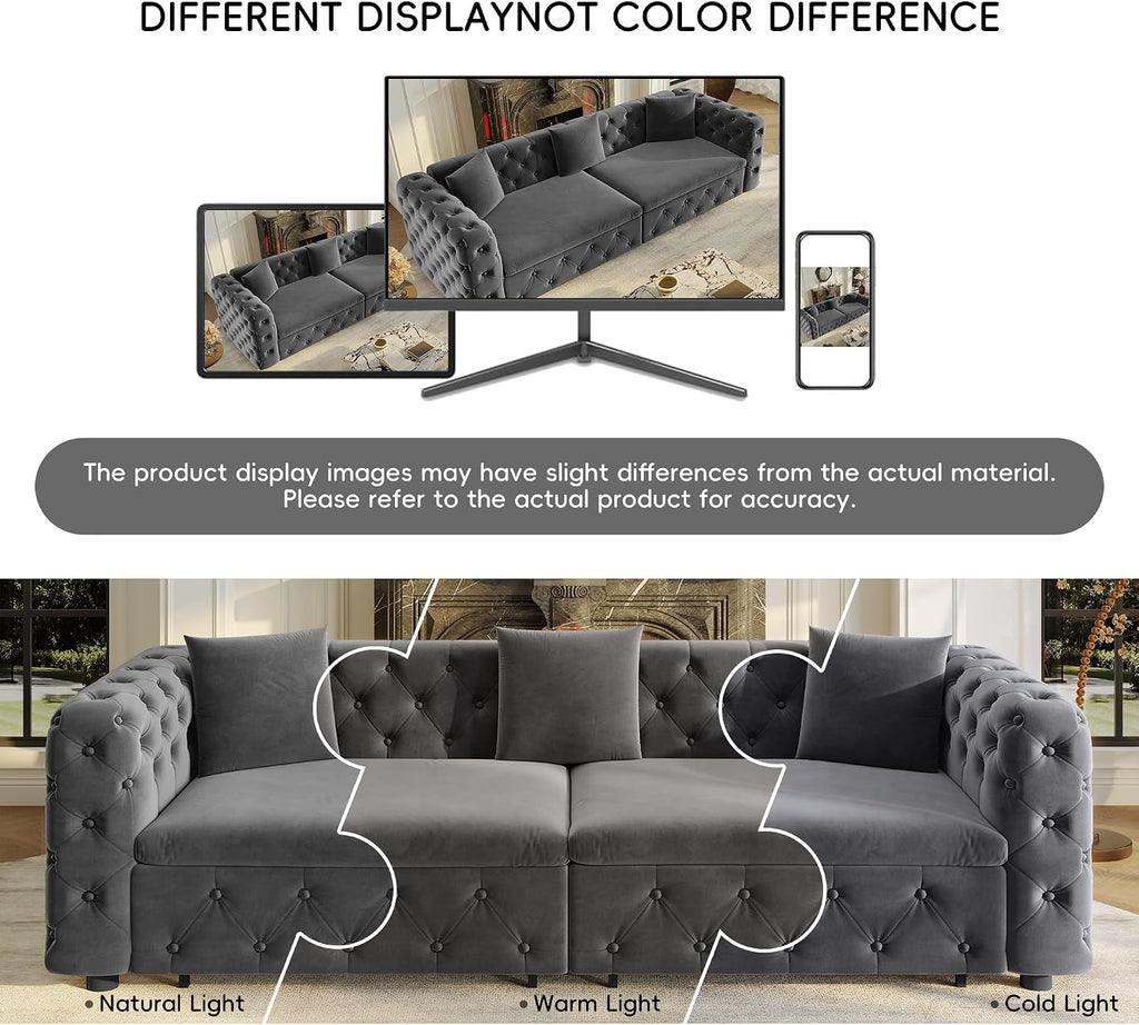 89' Pull Out Sofa Bed King Size, Velvet Chesterfield Sleeper Sofa Couch, 3 in 1 Convertible Recliner, Modern Tufted Deep Seat Couches for Living Room, Small Space, Apartment, Concrete Gray