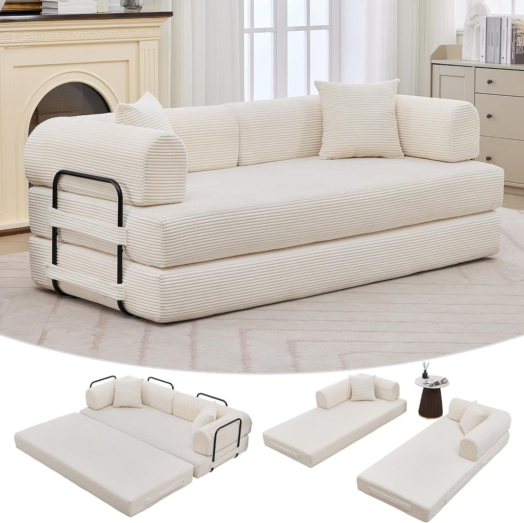 IDEALHOUSE 4 in 1 Convertible Sleeper Sofa Bed Couch, 79 Inch Boneless Corduroy Floor Couch with Pillows, No Assembly, Modern Deep Seat Sofa Futon Mattress for Living Room,Apartment,Beige