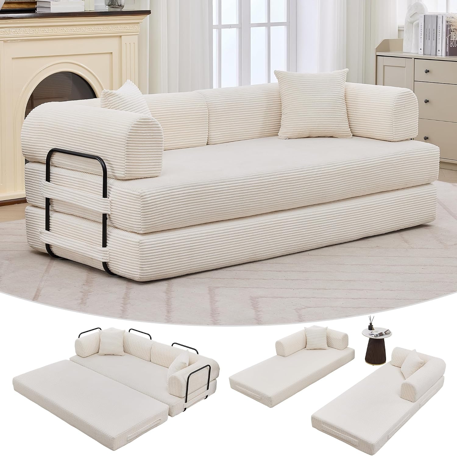 IDEALHOUSE 4 in 1 Convertible Sleeper Sofa Bed Couch, 79 Inch Boneless Corduroy Floor Couch with Pillows, No Assembly, Modern Deep Seat Sofa Futon Mattress for Living Room,Apartment,Beige