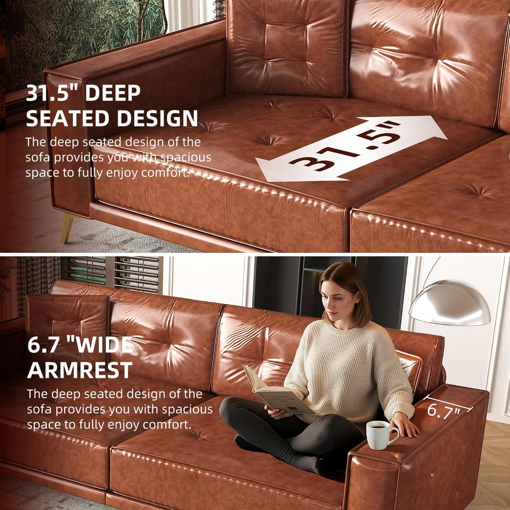 92.1'' King Pull Out Sofa Bed, Convertible Futon Couch, 3-in-1 Faux Leather Sleeper Sofa with Tufted Back, 2 Pillows, Gold Legs, Deep Folding Loveseat for Living Room, Apartment, Light Brown