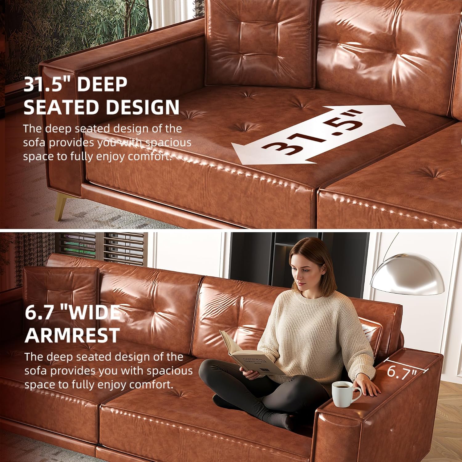 92.1'' King Pull Out Sofa Bed, Convertible Futon Couch, 3-in-1 Faux Leather Sleeper Sofa with Tufted Back, 2 Pillows, Gold Legs, Deep Folding Loveseat for Living Room, Apartment, Light Brown