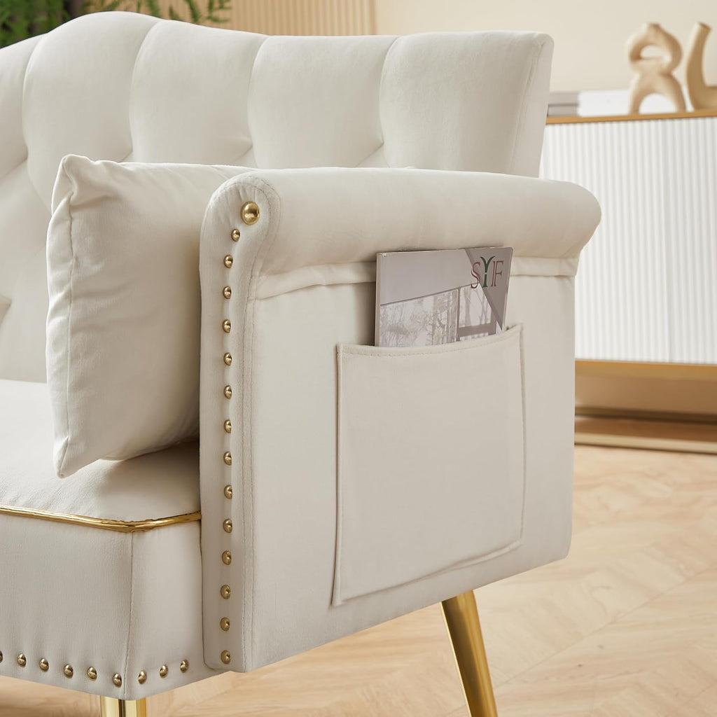 hansones 55-Inch Modern Velvet Loveseat Sofa with Gold Metal Legs & Side Pockets, Tufted Backrest, Perfect for Living Room, Bedroom, or Office (Modern Beige)