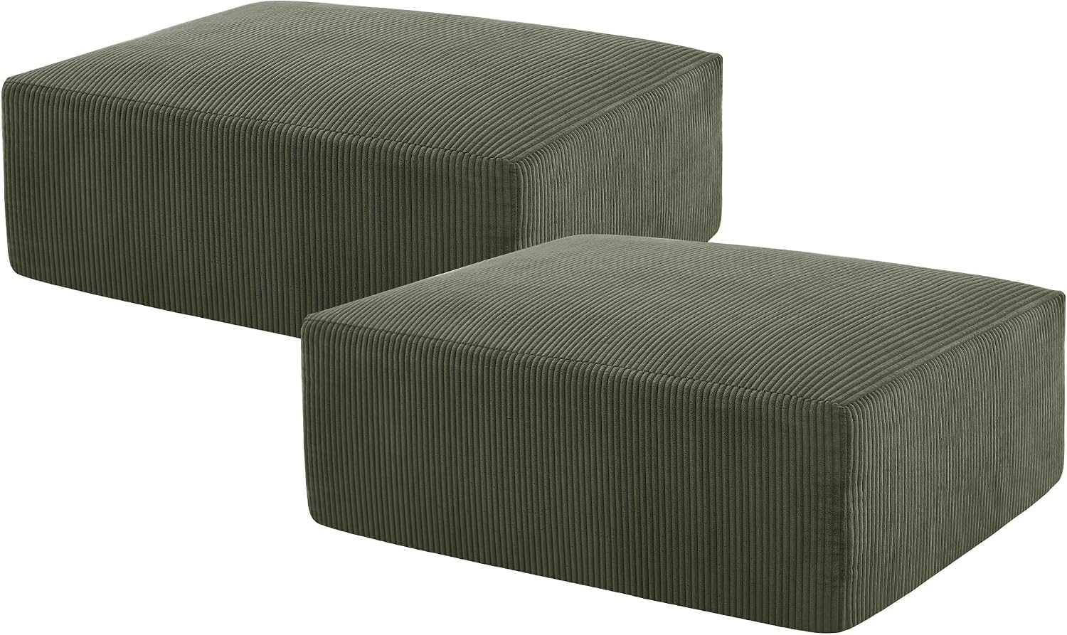Gericco 113' Modular Sectional Couch, Cloud Boneless Sofa with Deep Seats, Upholstered Corduroy Square Stuffed Pouf, 2 Pcs 40 * 31 Inch Furry & Fluffy Movable Foot Stool for Living Room, Green