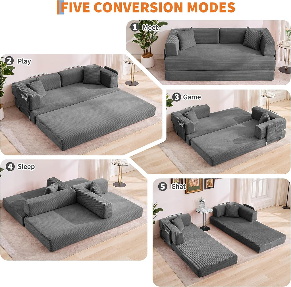 Garvee 5-in-1 Convertible Sofa Bed, 78.8' Modular Corduroy Sleeper with Sturdy Frame & No Assembly, Multi-Functional Futon for Small Space, Living Room & Guest Room (Gray)