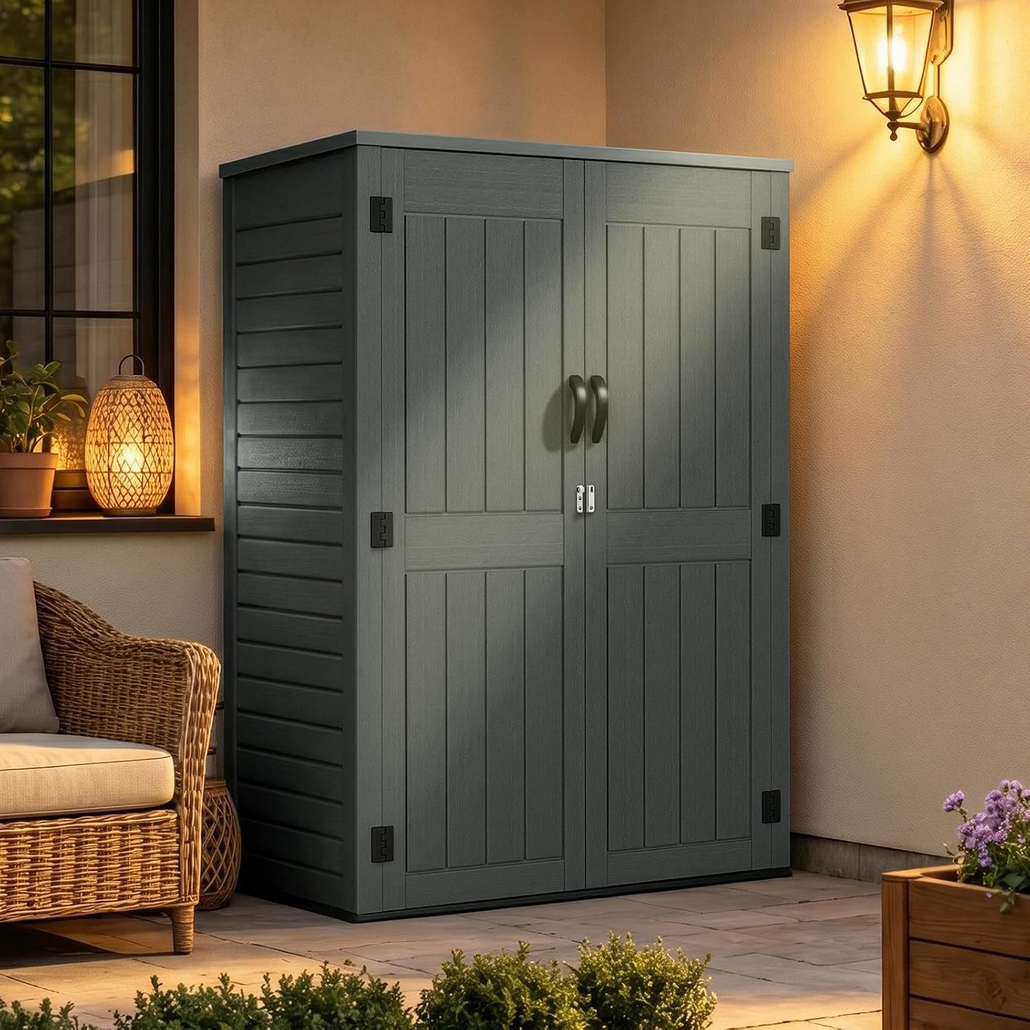 ZYJOYY 4.5 x 5.7 FT Outdoor Storage Shed, 59 Cuft Outside Waterproof Storage Cabinet, HDPE Resin Plastic 385 Gallon Outdoor Storage Container, Vertical Lockable Storage Shed, Grey