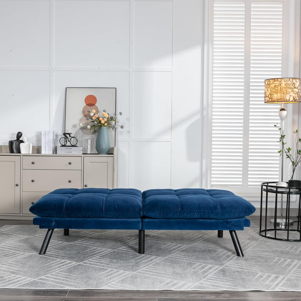 Convertible Futon Sofa Bed for Small Spaces, Modern Multi-Functional Sleeper with Adjustable Backrest, Tufted Brown Fabric Couch for Living Room, Apartment, Dorm (Navy Blue)