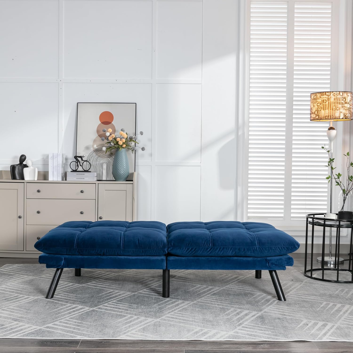 Convertible Futon Sofa Bed for Small Spaces, Modern Multi-Functional Sleeper with Adjustable Backrest, Tufted Brown Fabric Couch for Living Room, Apartment, Dorm (Navy Blue)