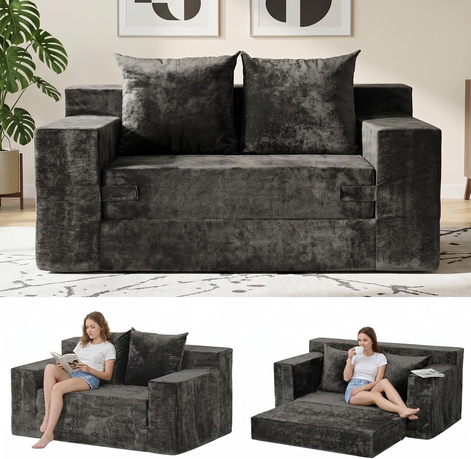 Boneless Couch Loveseat Sleeper, Convertible Sofa Bed Folding Couch Bed, Boneless Chair Bed & Futon Sofa Bed, Small Pull Out Couch Foldable with 4 Pillows for Living Room, Dark Grey