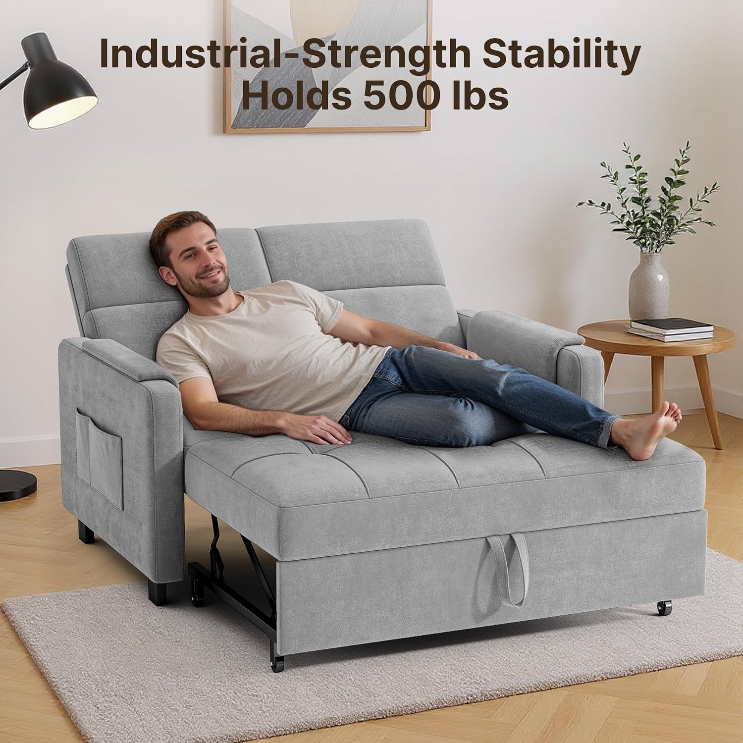 Gizoon Convertible Sofa Bed, 3-in-1 Pull Out Couch, 5-Position Adjustable Backrest & Side Pockets, Modern Small Loveseat Sleeper Sofa for Living Room, Apartment, Dorm, Studio, Guest Room, Light Grey