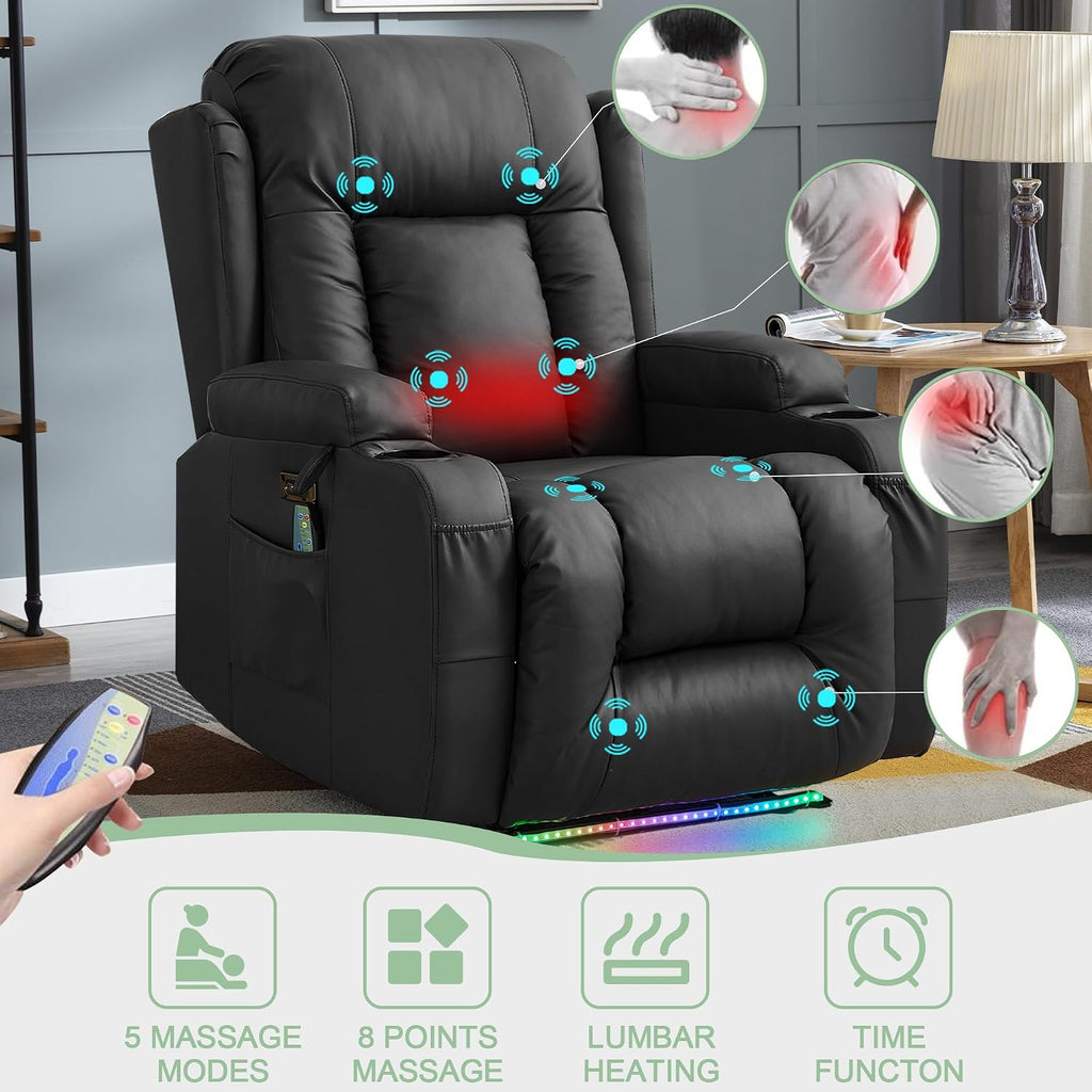 TUNYI Power Recliner Sofa with Massage & Heat Home Theater Seating with Console RV Recliner Sofa with USB/Storage/Side Pocket/LED Light (Black, 1PC)