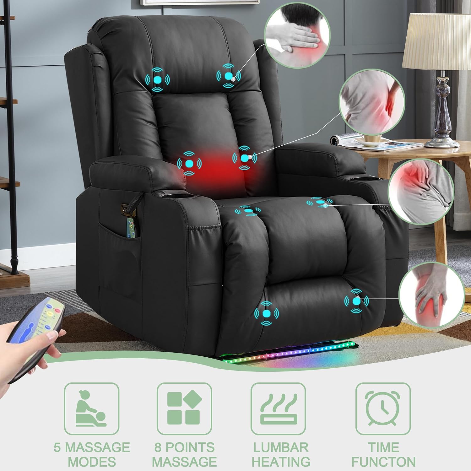 TUNYI Power Recliner Sofa with Massage & Heat Home Theater Seating with Console RV Recliner Sofa with USB/Storage/Side Pocket/LED Light (Black, 1PC)
