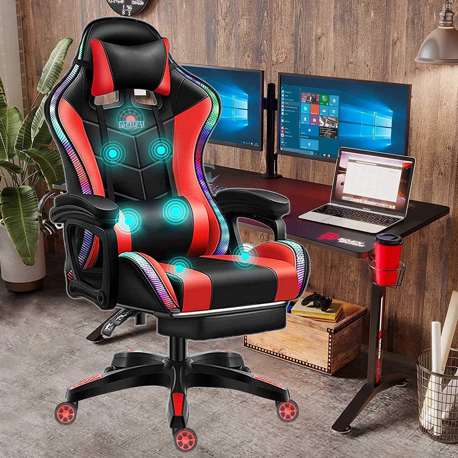 Massage Gaming Chair with Footrest and LED Lights, Video Game Chair with Speakers, Adjustable Height and Armrest, PU Leather, Ergonomic Office Computer Chair for Adults and Teens,Red