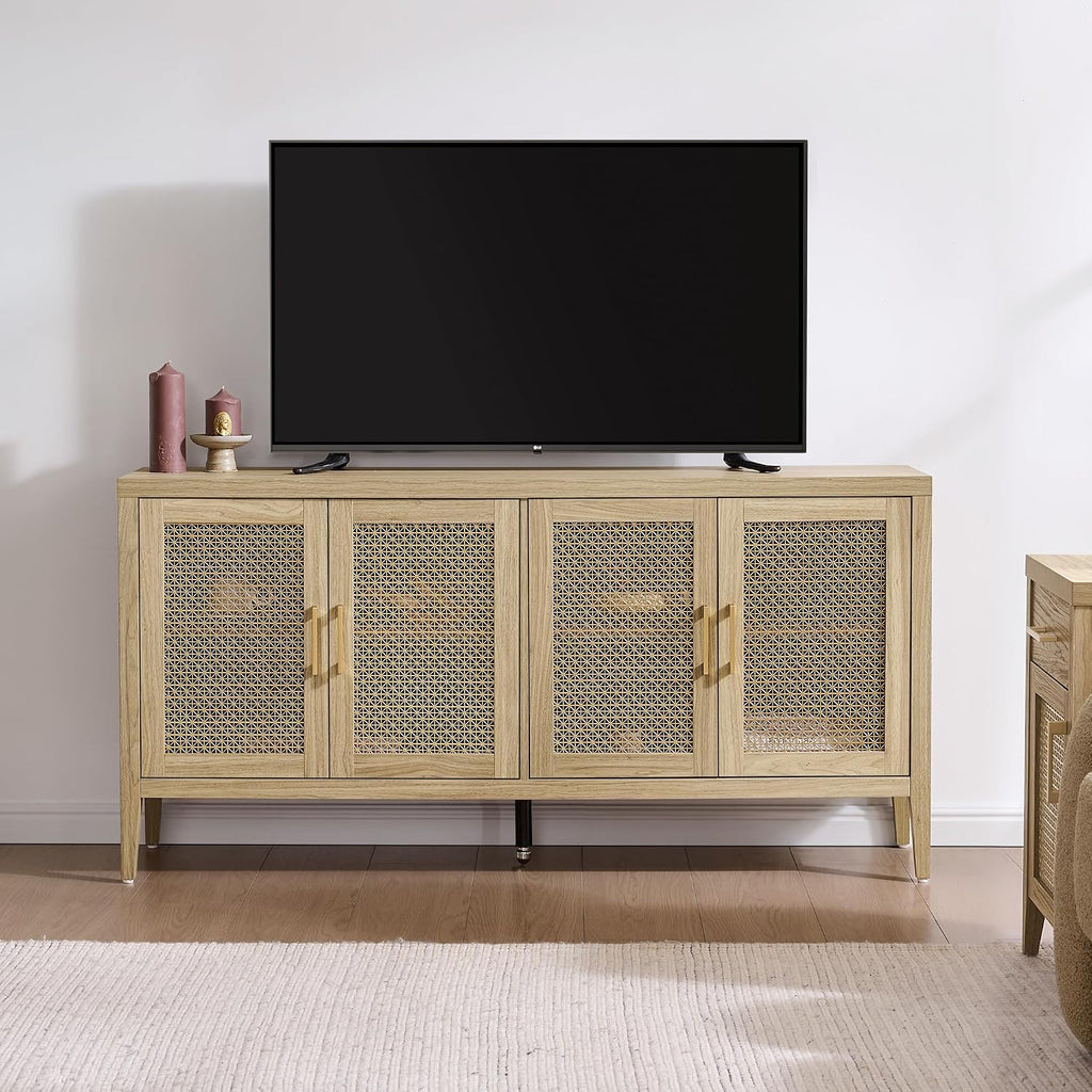 SICOTAS TV Stands for Living Room - Modern TV Console with 4 Doors Cabinet, 59' Television Stands Farmhouse Entertainment Center Media Console Credenza for 45 50 55 60 65 Inch TVs, Light Walnut