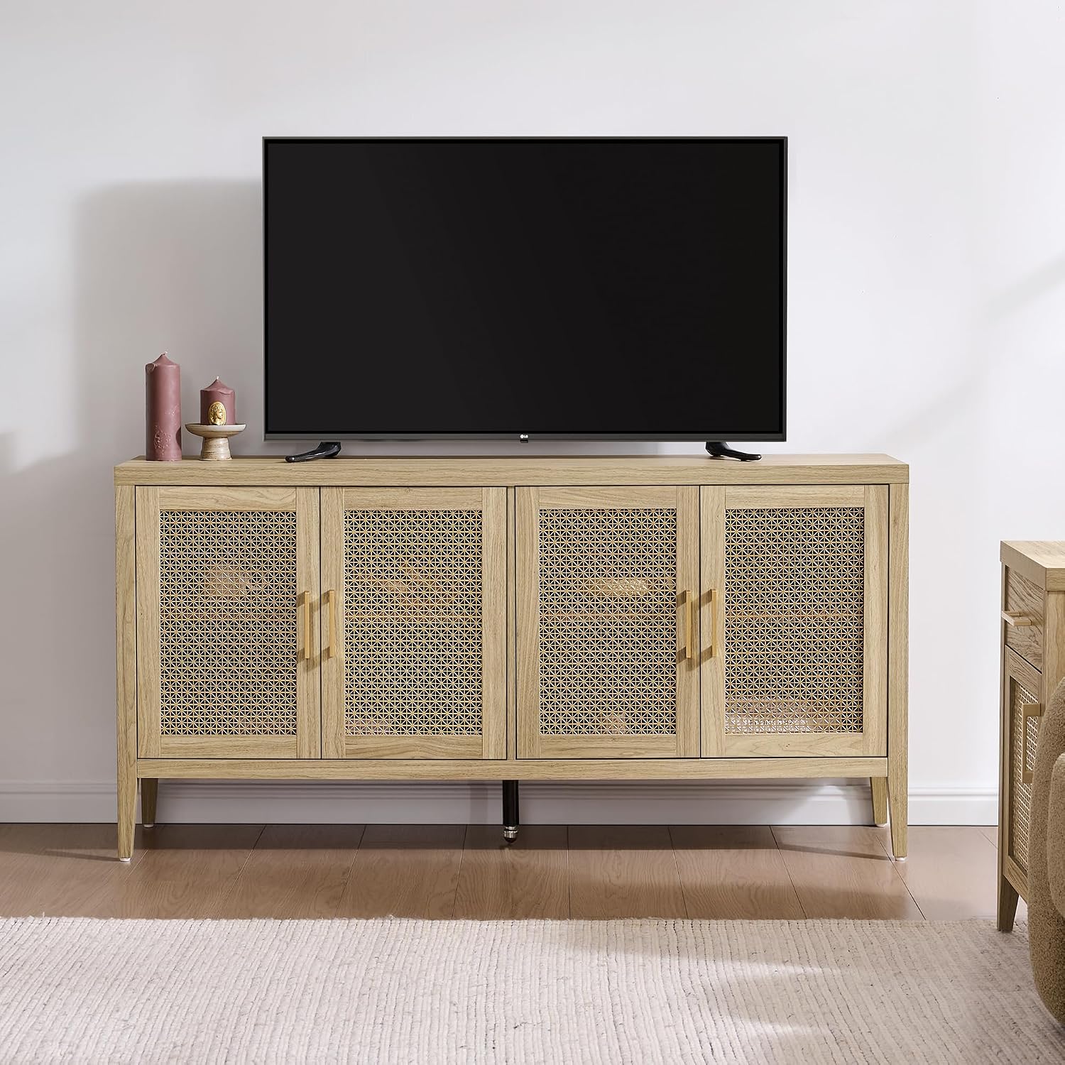 SICOTAS TV Stands for Living Room - Modern TV Console with 4 Doors Cabinet, 59' Television Stands Farmhouse Entertainment Center Media Console Credenza for 45 50 55 60 65 Inch TVs, Light Walnut