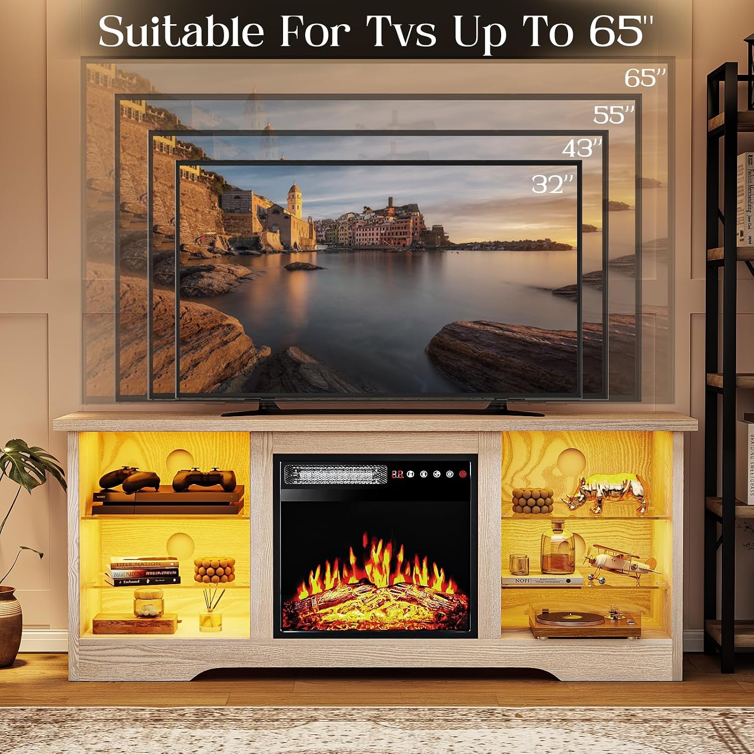 VITESSE 58 Inches Fireplace TV Stand for TVs up to 65 Inches Console with 18'' Electric Fireplace & Remote,Wooden Modern Entertainment Center for Living Room with LED Light Glass Shelves（Bei）