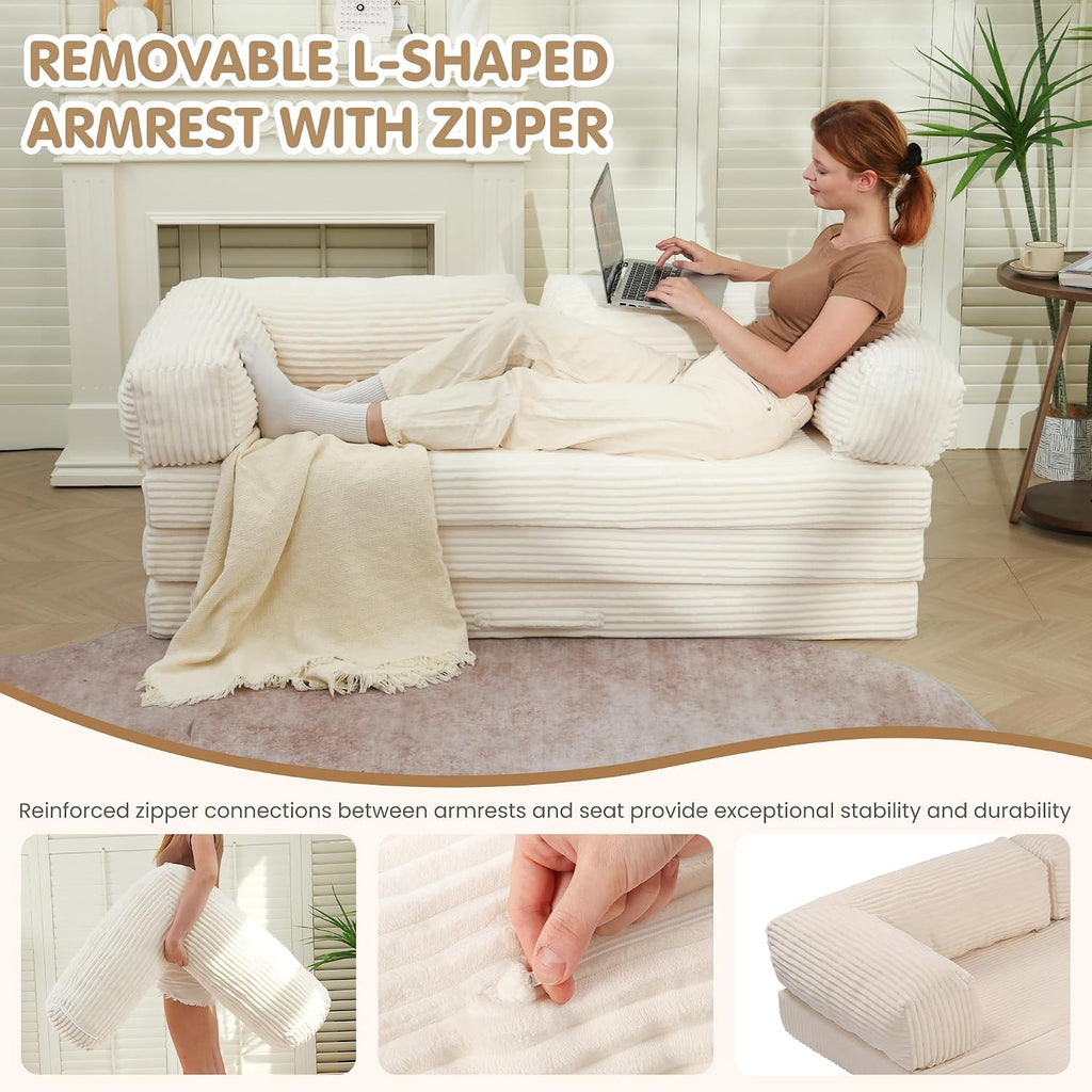 Convertible Sofa Bed Full,5-in-1 Folding Boneless Couch Corduroy Futon Sofa Bed,Tri-Fold Mattress with Removable Armrests & Handle,Sleeper with Pull Out Bed for Small Space Living Room Bedroom