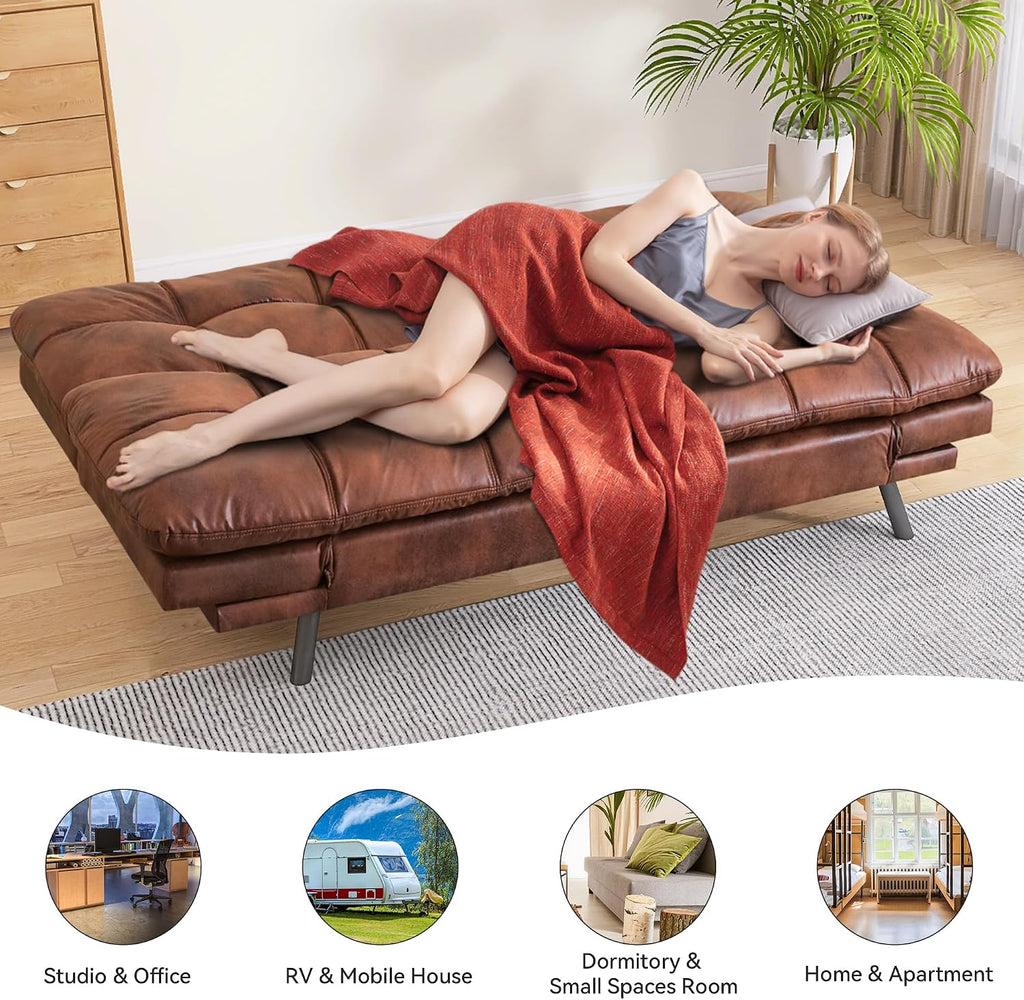 71' Convertible Futon Sofa,Faux Leather Futon Couch Bed,Sleeper Sofa Bed,Memory Foam Modern Folding Small Loveseat for Living Room,Office,Apartment,Classic Brown