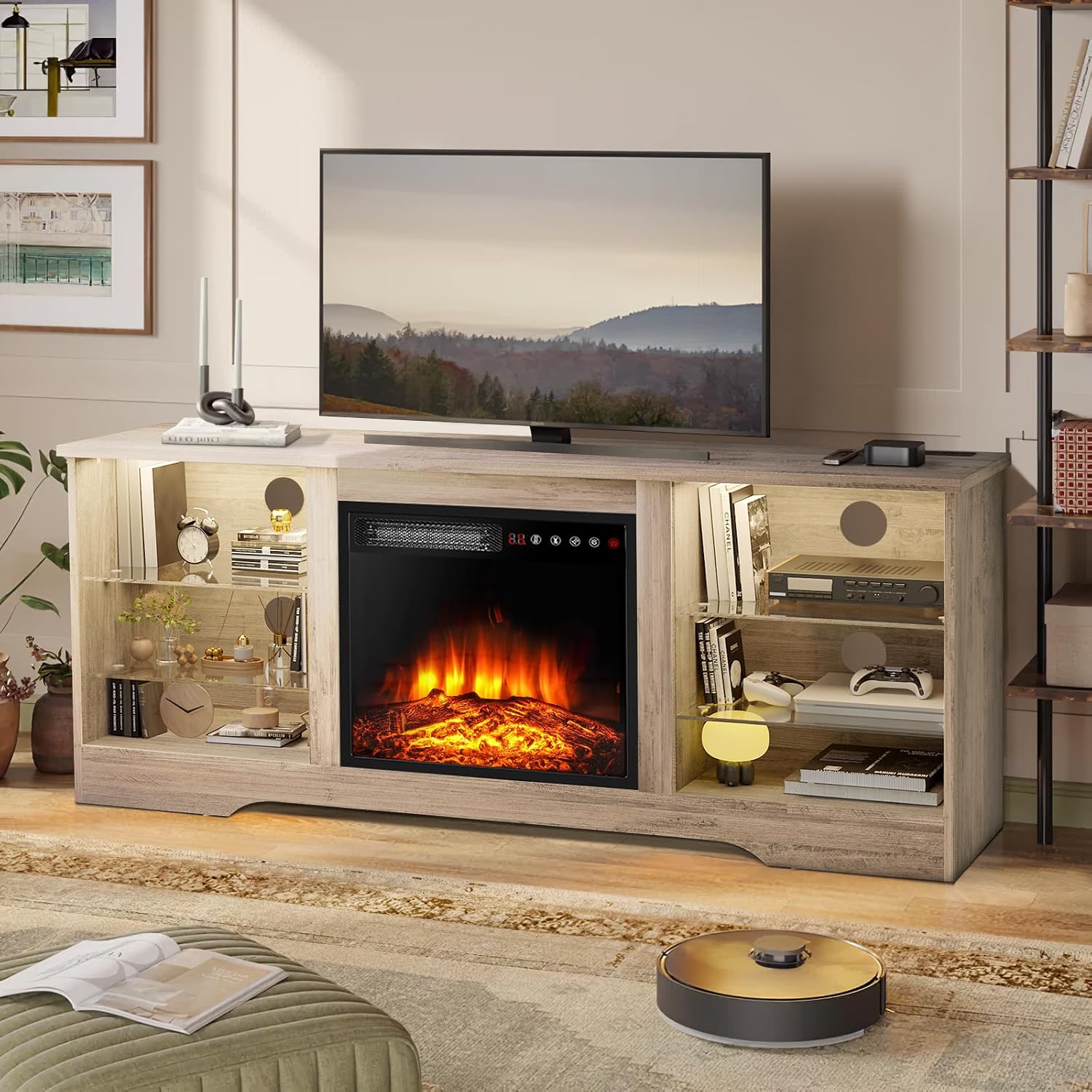 LEMBERI Fireplace TV Stand for up to 65 Inches TVs, LED Modern Entertainment Center with Built-in Electric Fireplace Heater & Adjustable Glass Shelves, Media Console for Living Room, Gray