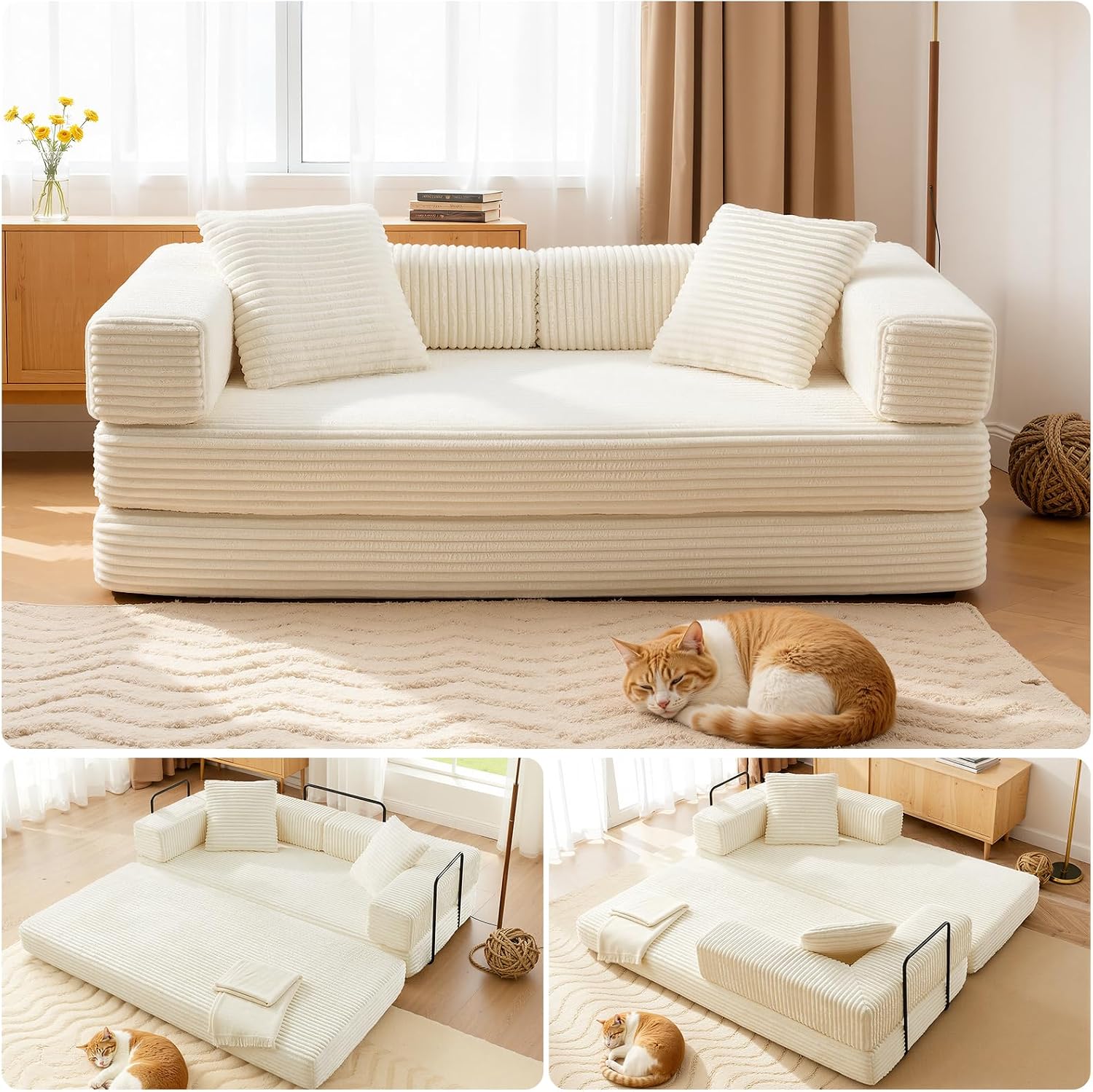 81'' Futon Sofa Bed, Folding Floor Couch Bed, Corduroy Fabric Boneless Couch, Compressed Boneless Sofa in a Box, Comfy Sleeper for Living Room-Beige