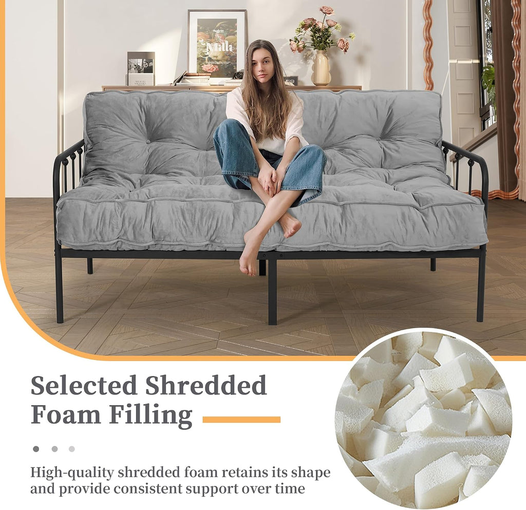 8' Full Size Futon Mattress Sofa Bed, Extra Thick Foldable Floor Mattress, Shredded Foam Filling for Adults/Teens/Pets with No Assembly Needed, Frame Not Included - Grey