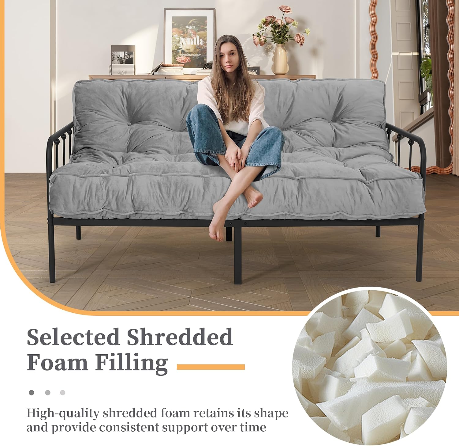 8' Full Size Futon Mattress Sofa Bed, Extra Thick Foldable Floor Mattress, Shredded Foam Filling for Adults/Teens/Pets with No Assembly Needed, Frame Not Included - Grey