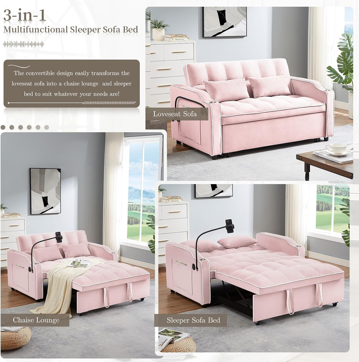 JEEOEHY 3 in 1 Convertible Sleeper Sofa Bed,Velvet Pull Out Couch Bed w USB&Type C Port,Comfy Futon Loveseat w Adjustable Backrest&Phone Stand&Cup Holder for Living Room Apartment Small Space(Pink)