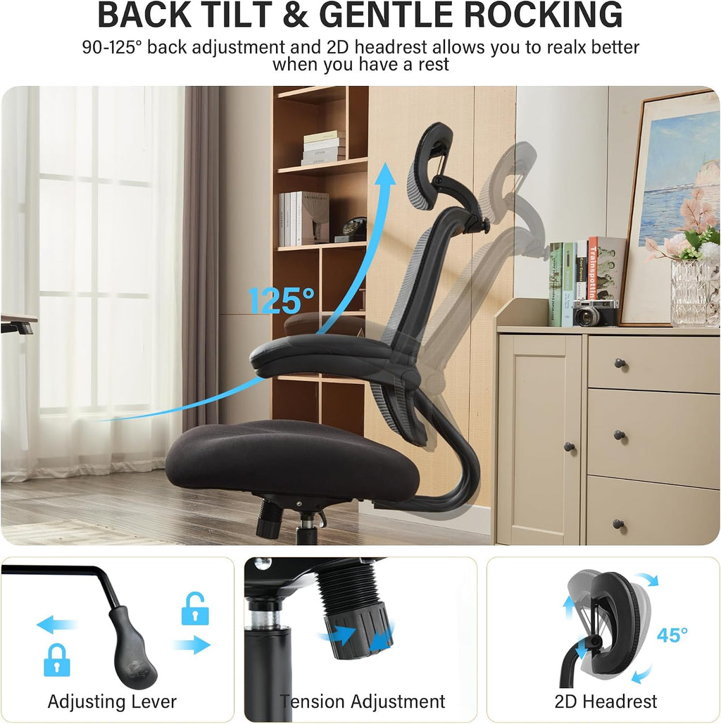 500lbs Big and Tall Office Chair - Heavy Duty Mesh Ergonomic Desk Chair with Headrest, High Back Computer Chair - Flip-up Armrests, Wide Thick Seat Cushion, Quiet Wheels, Black