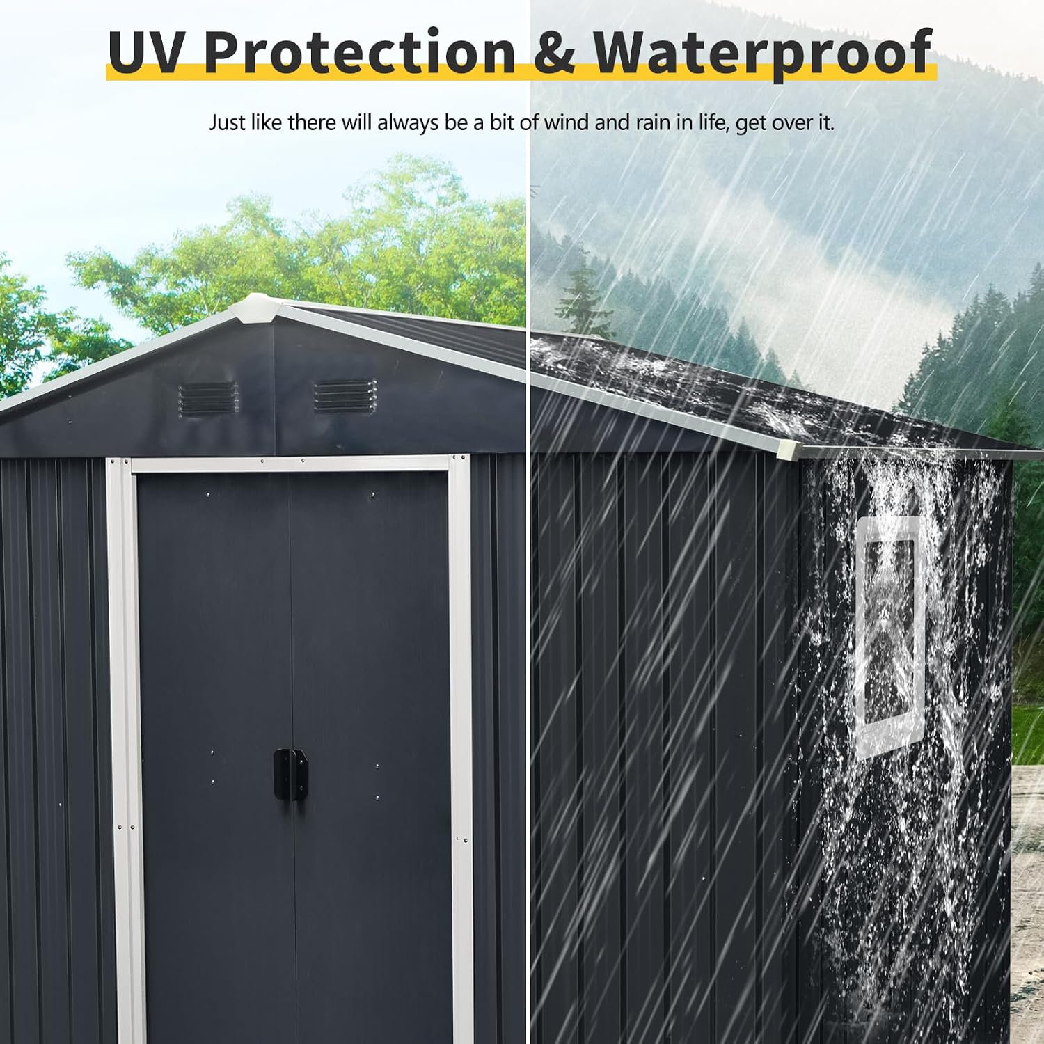 89in*47in Heavy-Duty Outdoor Metal Storage Shed with Floor Foundation & Window - Galvanized Steel Tool Shed, Tiny Home Backyard Solution w/Lock, Shelves & Anchors,Black White