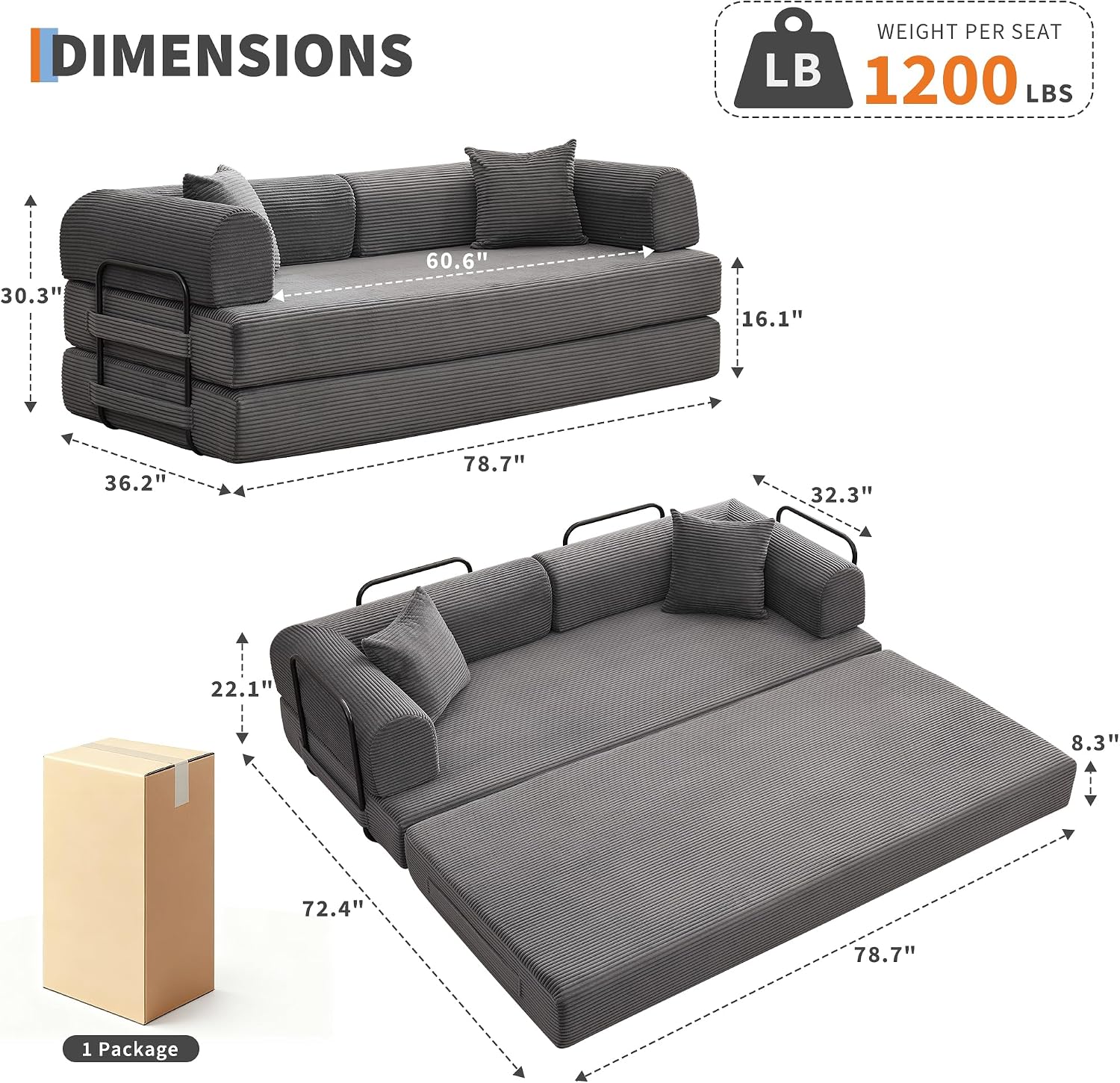 IDEALHOUSE 4 in 1 Convertible Sleeper Sofa Bed Couch, 79 Inch Boneless Corduroy Floor Couch with Pillows, No Assembly, Modern Deep Seat Sofa Futon Mattress for Living Room,Apartment,Gray