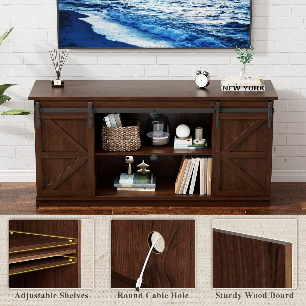 YESHOMY TV Stand for Televisions up to 65 Inches, with Sliding Barn Doors and Storage Cabinets, Console Table and Media Furniture for Living Room, 58 Inch, Espresso